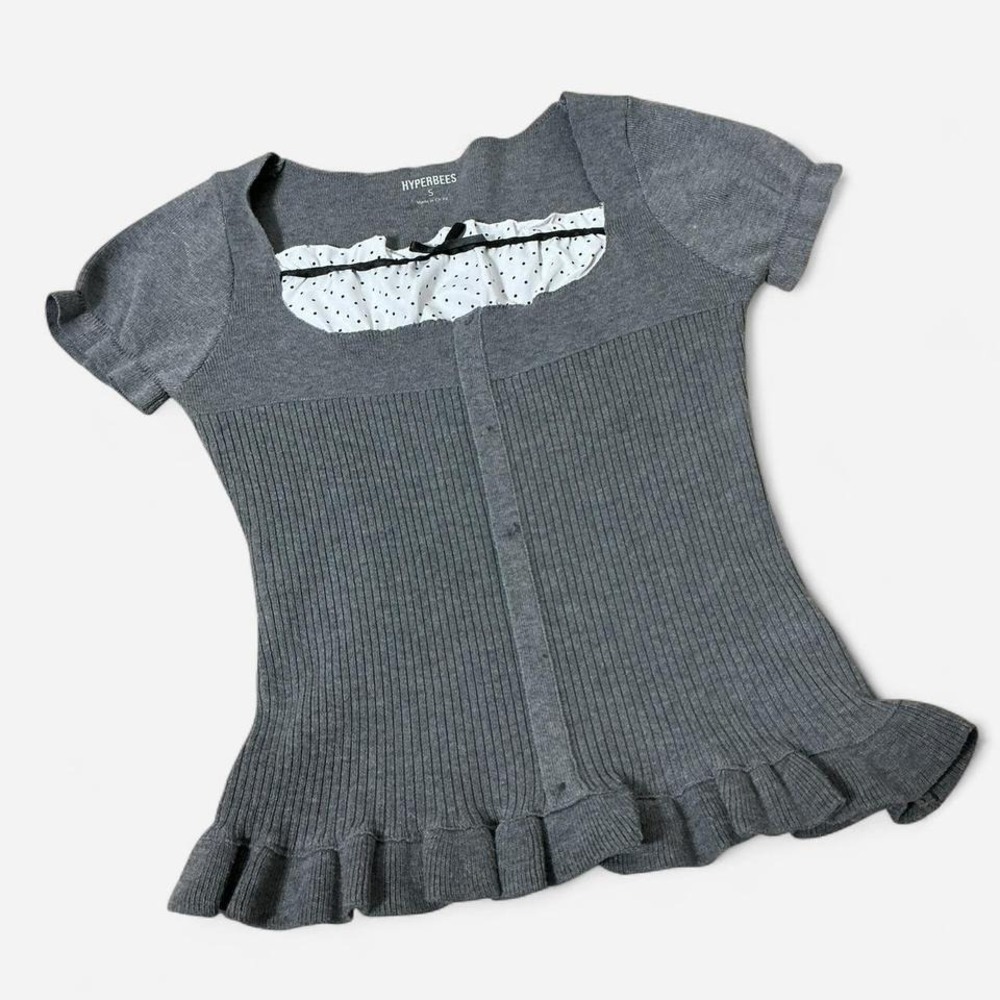 Hyperbees Ribbed Peplum Dark Academia Top Polka‎ Dot Ruffle Bow Square Neck S